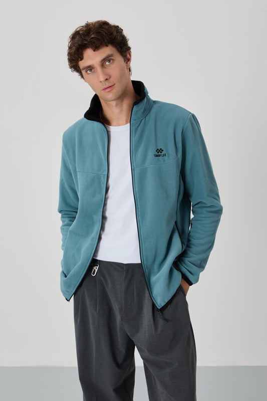 Mint Green Embroidered Lettering Straight Collar Zippered Standard Fit Men's Sweatshirt Fleece - 87992