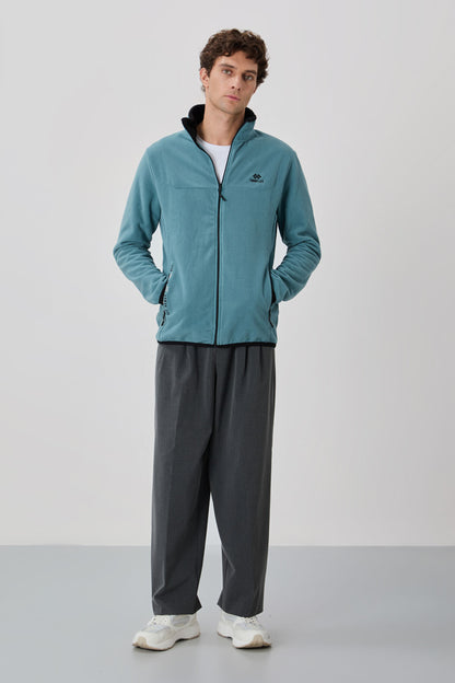 Mint Green Embroidered Lettering Straight Collar Zippered Standard Fit Men's Sweatshirt Fleece - 87992