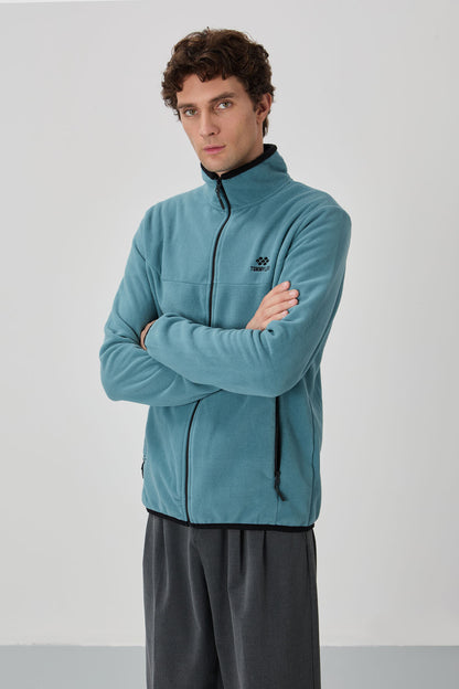 Mint Green Embroidered Lettering Straight Collar Zippered Standard Fit Men's Sweatshirt Fleece - 87992