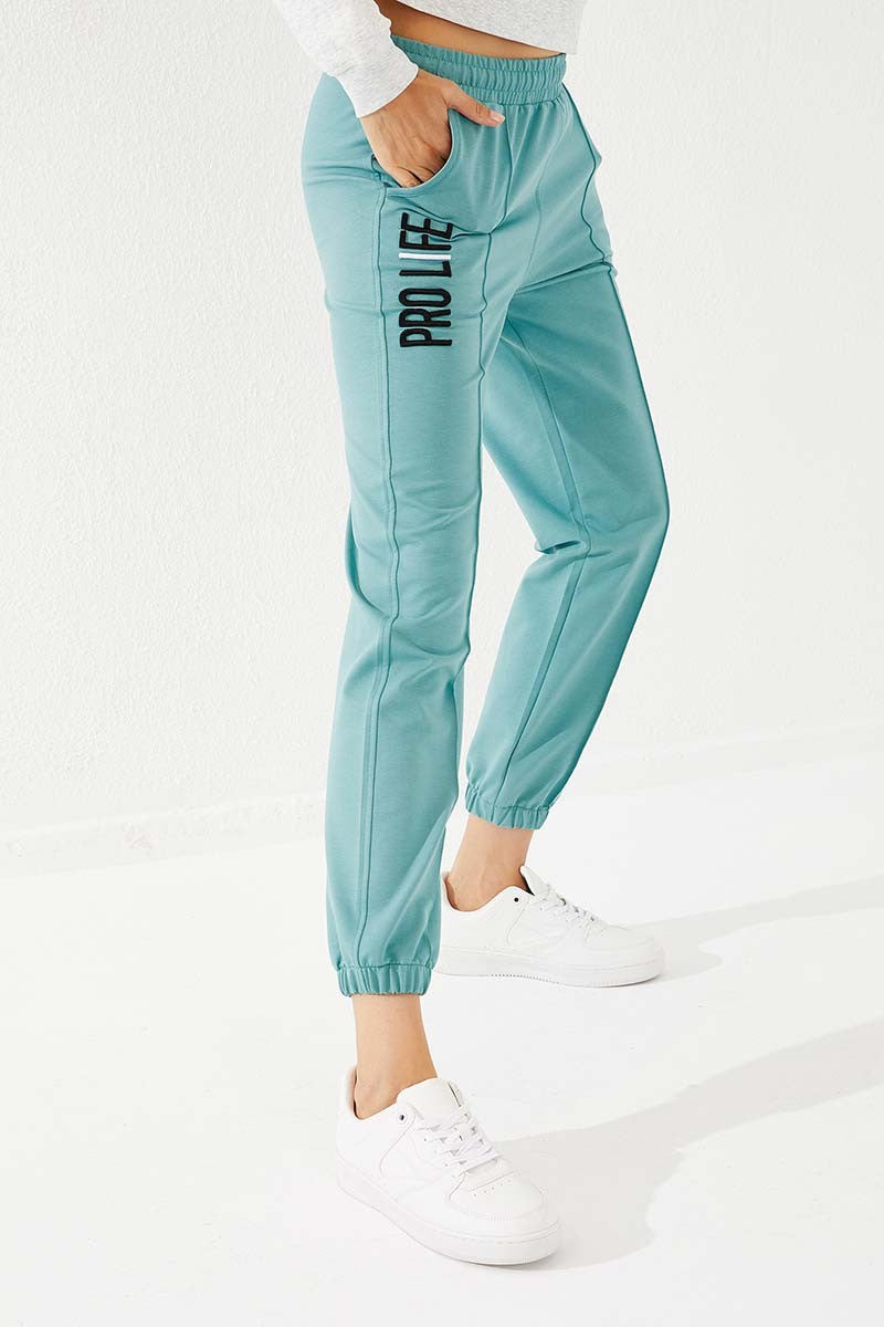 Mint Green Embroidered Comfort Fit Elastic Ankle Women's Tracksuit Bottom - 94571