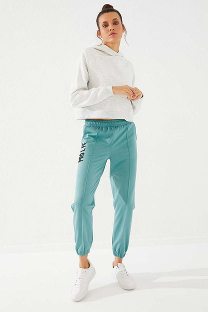 Mint Green Embroidered Comfort Fit Elastic Ankle Women's Tracksuit Bottom - 94571