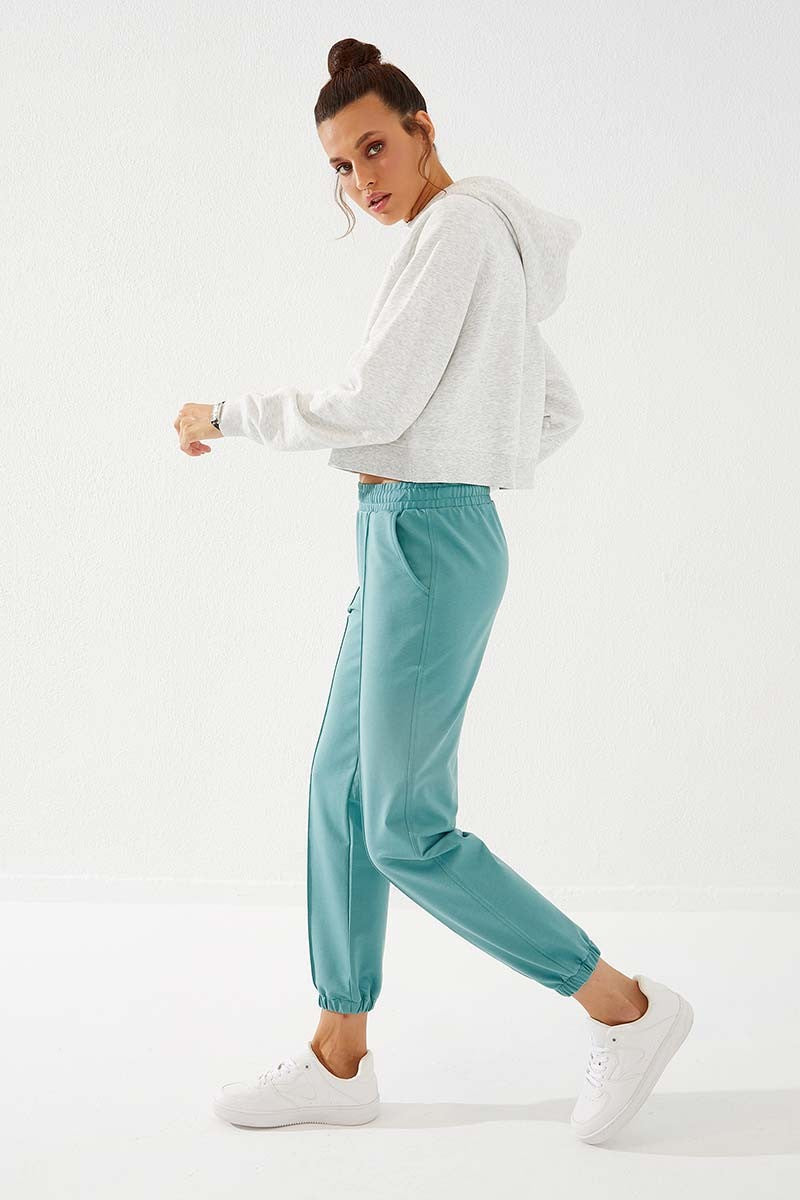 Mint Green Embroidered Comfort Fit Elastic Ankle Women's Tracksuit Bottom - 94571
