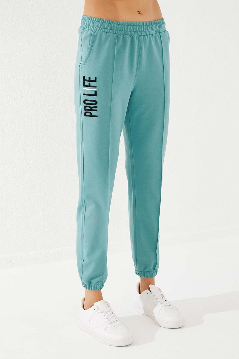 Mint Green Embroidered Comfort Fit Elastic Ankle Women's Tracksuit Bottom - 94571