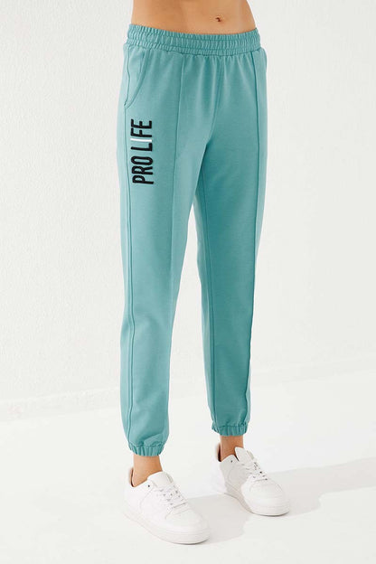 Mint Green Embroidered Comfort Fit Elastic Ankle Women's Tracksuit Bottom - 94571