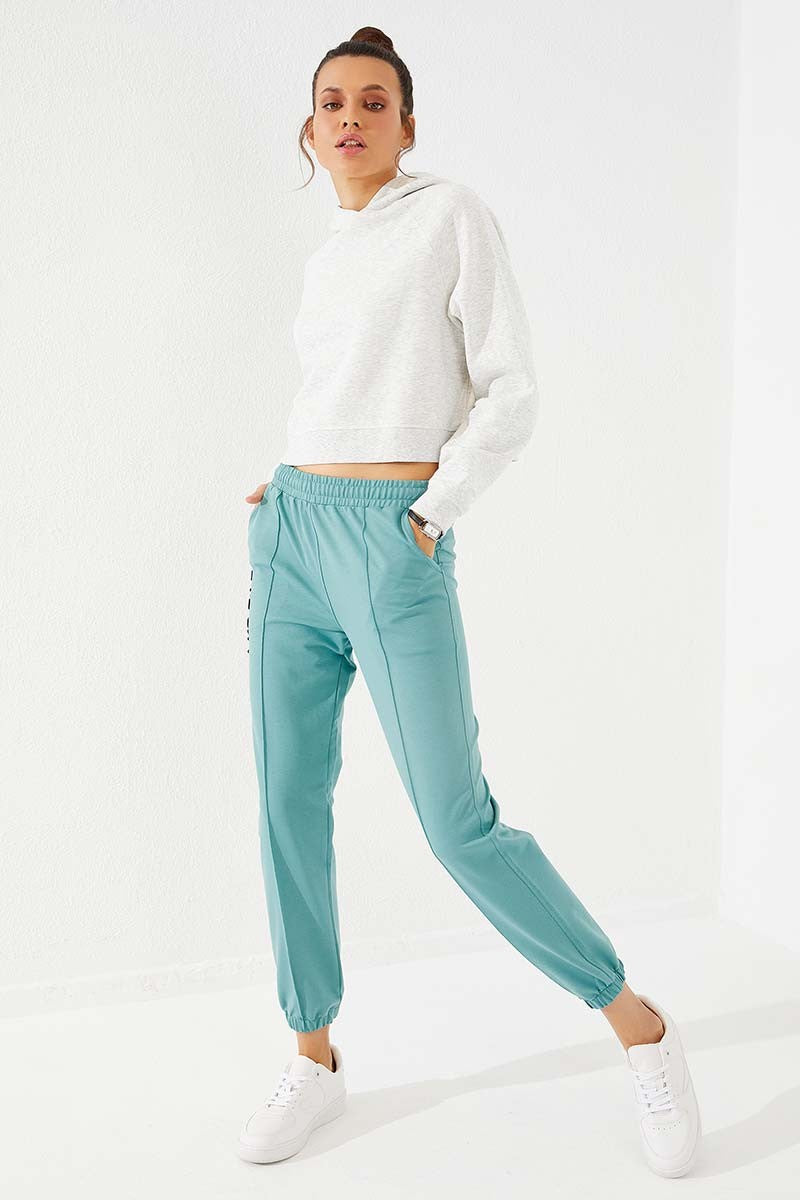 Mint Green Embroidered Comfort Fit Elastic Ankle Women's Tracksuit Bottom - 94571