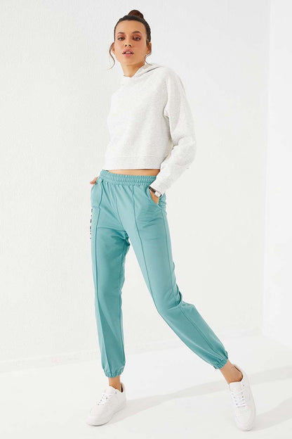 Mint Green Embroidered Comfort Fit Elastic Ankle Women's Tracksuit Bottom - 94571