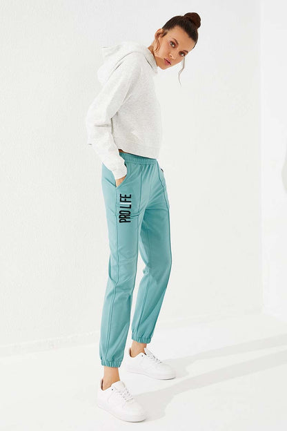Mint Green Embroidered Comfort Fit Elastic Ankle Women's Tracksuit Bottom - 94571