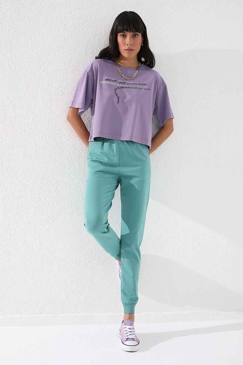 Mint Green High Waist Jogger Comfort Fit Cuffed Women's Tracksuit Bottom - 94561