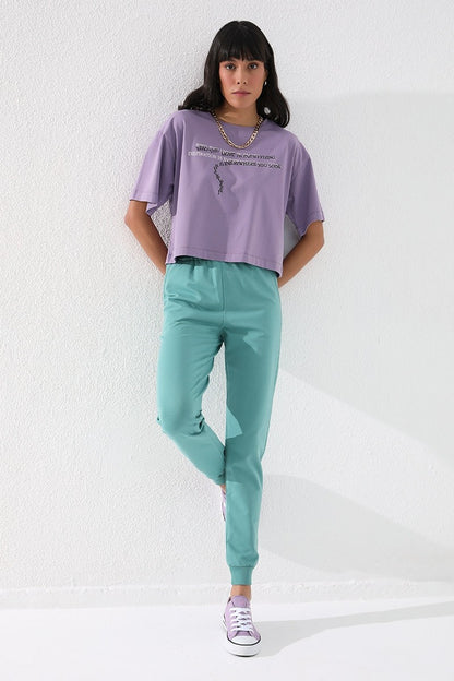 Mint Green High Waist Jogger Comfort Fit Cuffed Women's Tracksuit Bottom - 94561