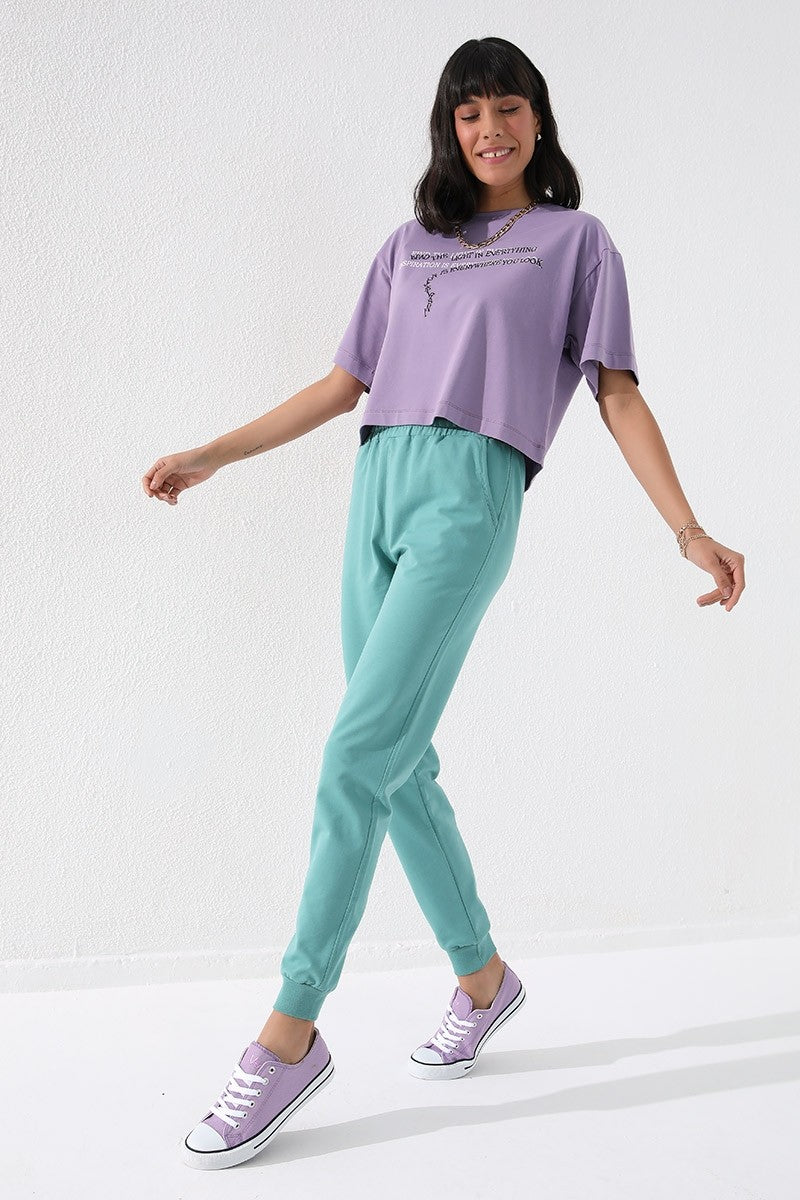 Mint Green High Waist Jogger Comfort Fit Cuffed Women's Tracksuit Bottom - 94561