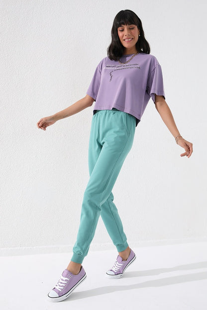 Mint Green High Waist Jogger Comfort Fit Cuffed Women's Tracksuit Bottom - 94561