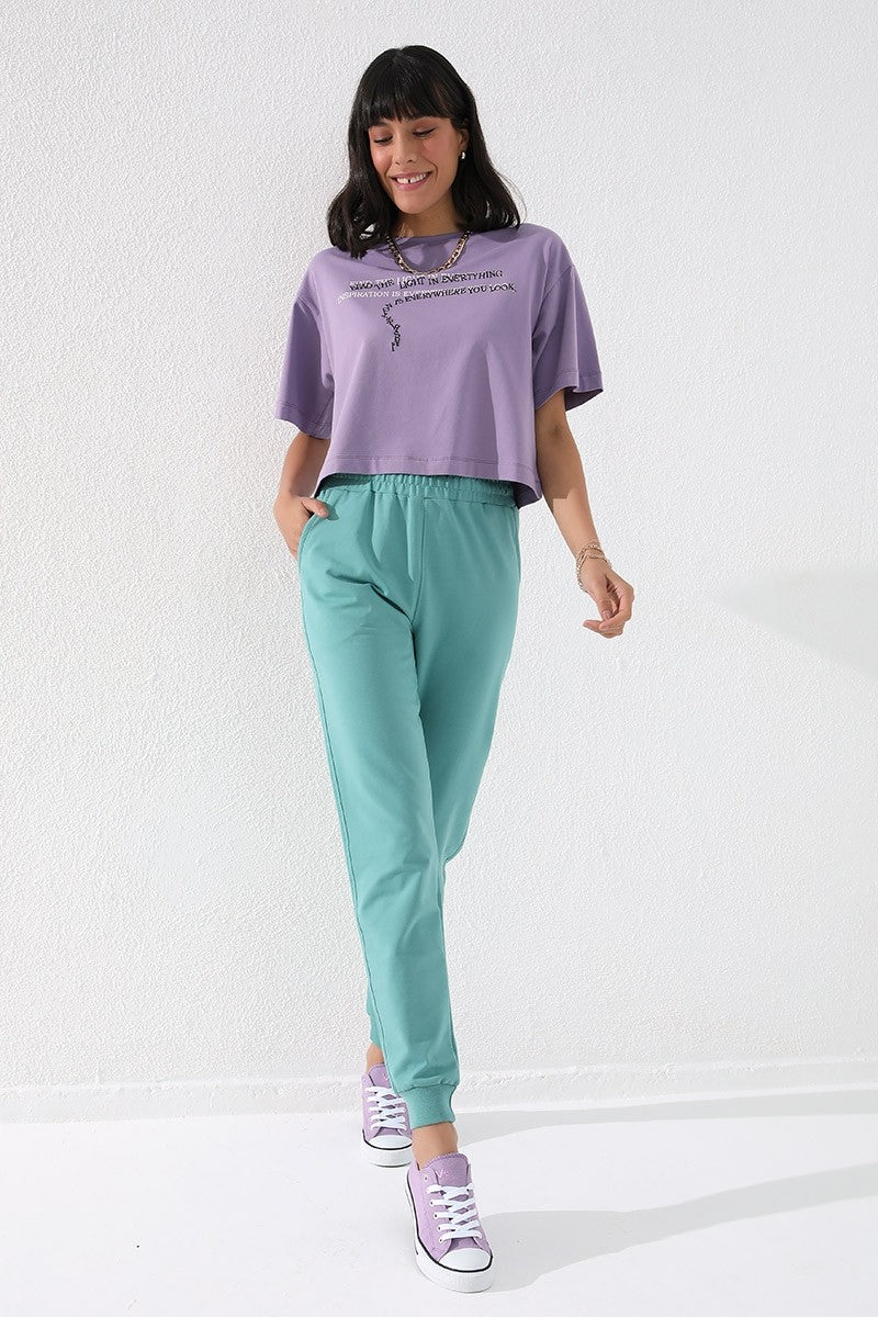 Mint Green High Waist Jogger Comfort Fit Cuffed Women's Tracksuit Bottom - 94561