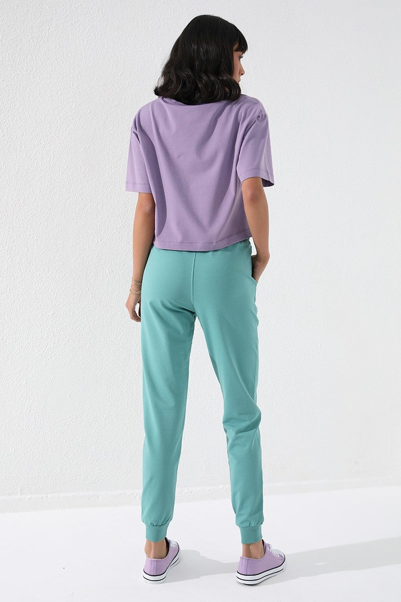 Mint Green High Waist Jogger Comfort Fit Cuffed Women's Tracksuit Bottom - 94561