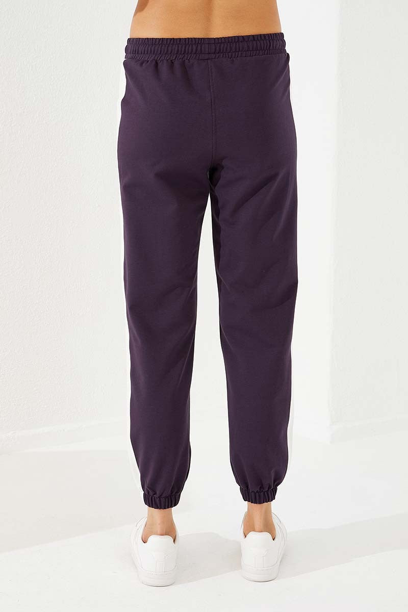 Navy Blue Two-Tone Striped Comfort Fit Elastic Cuffed Women's Tracksuit Bottom - 94582