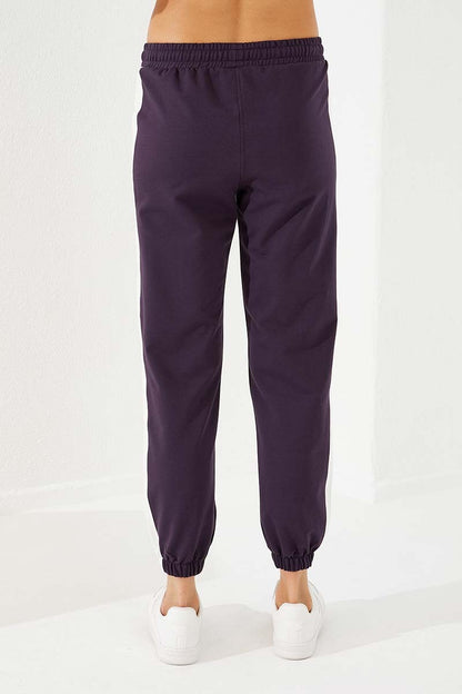 Navy Blue Two-Tone Striped Comfort Fit Elastic Cuffed Women's Tracksuit Bottom - 94582