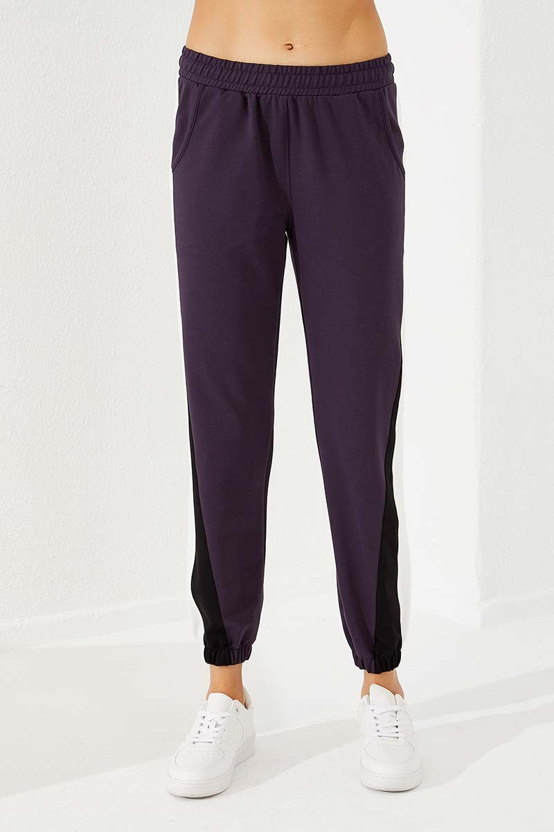 Navy Blue Two-Tone Striped Comfort Fit Elastic Cuffed Women's Tracksuit Bottom - 94582