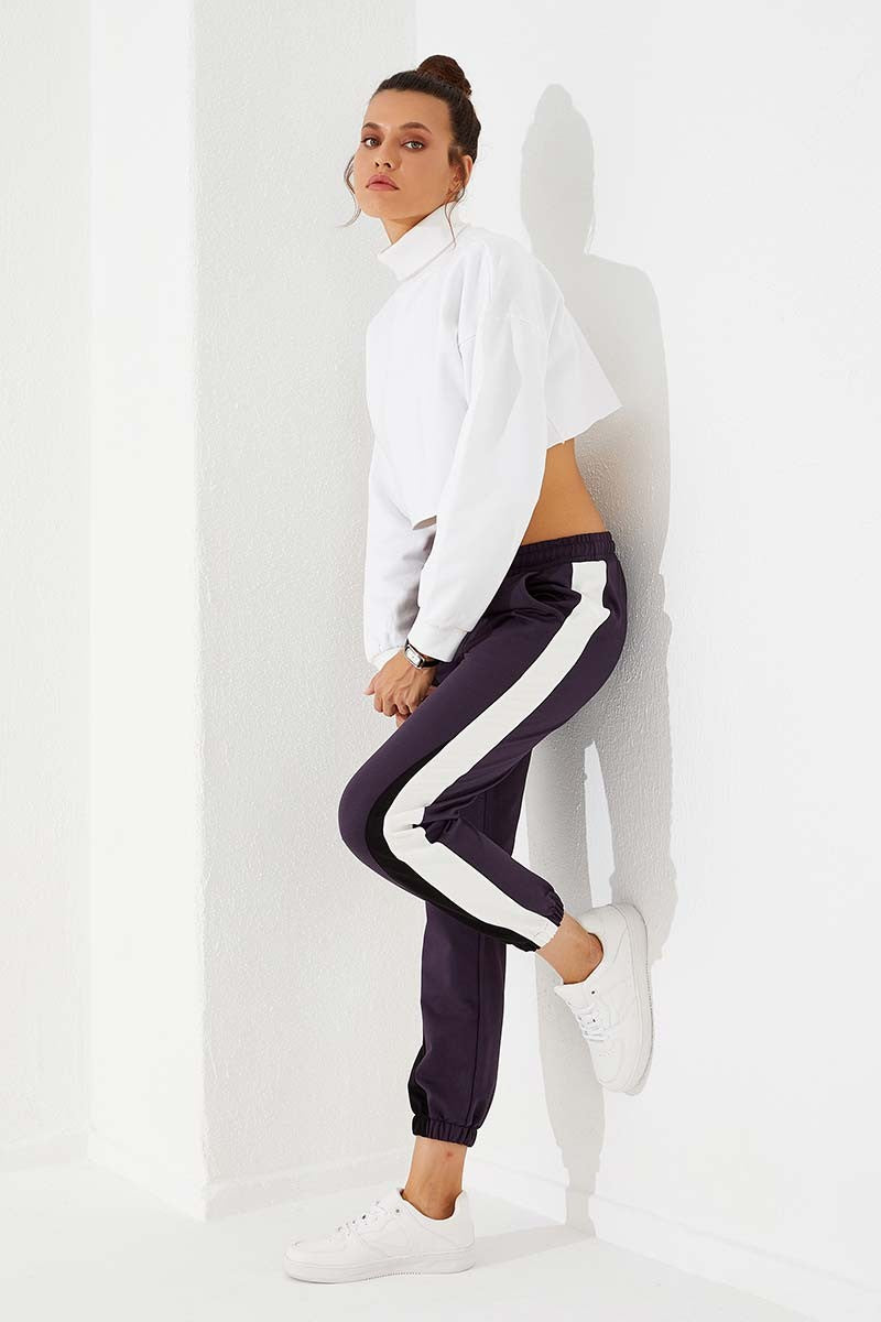 Navy Blue Two-Tone Striped Comfort Fit Elastic Cuffed Women's Tracksuit Bottom - 94582