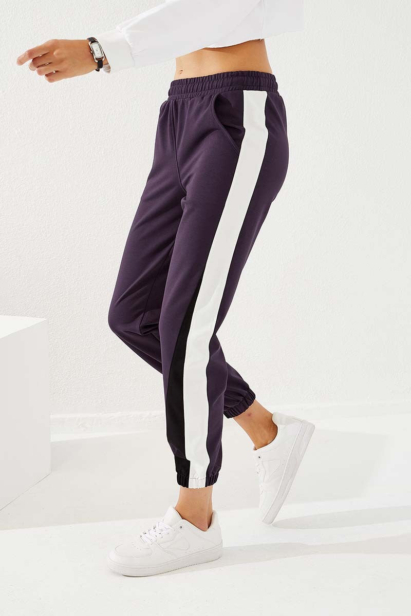 Navy Blue Two-Tone Striped Comfort Fit Elastic Cuffed Women's Tracksuit Bottom - 94582