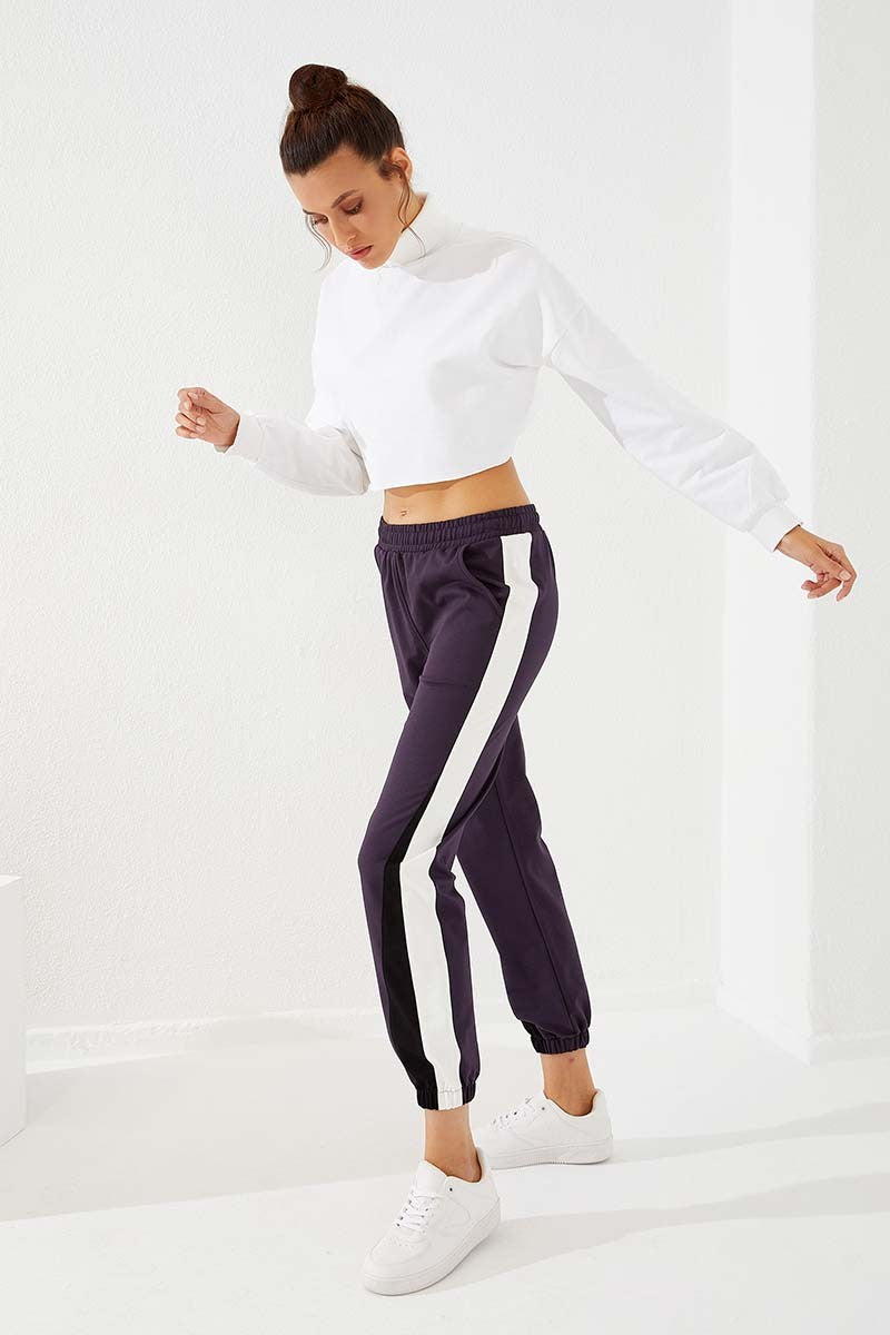 Navy Blue Two-Tone Striped Comfort Fit Elastic Cuffed Women's Tracksuit Bottom - 94582