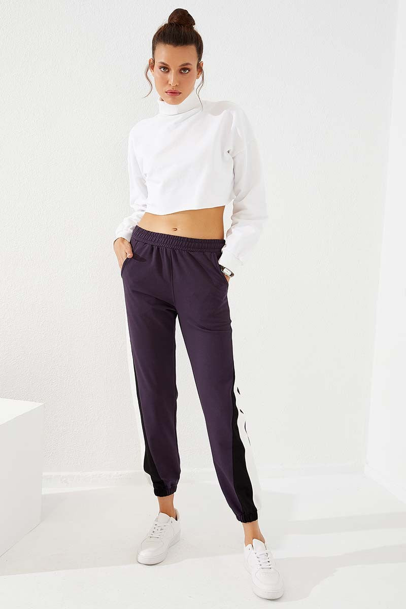 Navy Blue Two-Tone Striped Comfort Fit Elastic Cuffed Women's Tracksuit Bottom - 94582