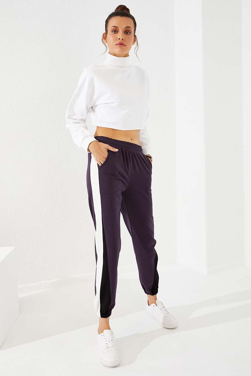 Navy Blue Two-Tone Striped Comfort Fit Elastic Cuffed Women's Tracksuit Bottom - 94582