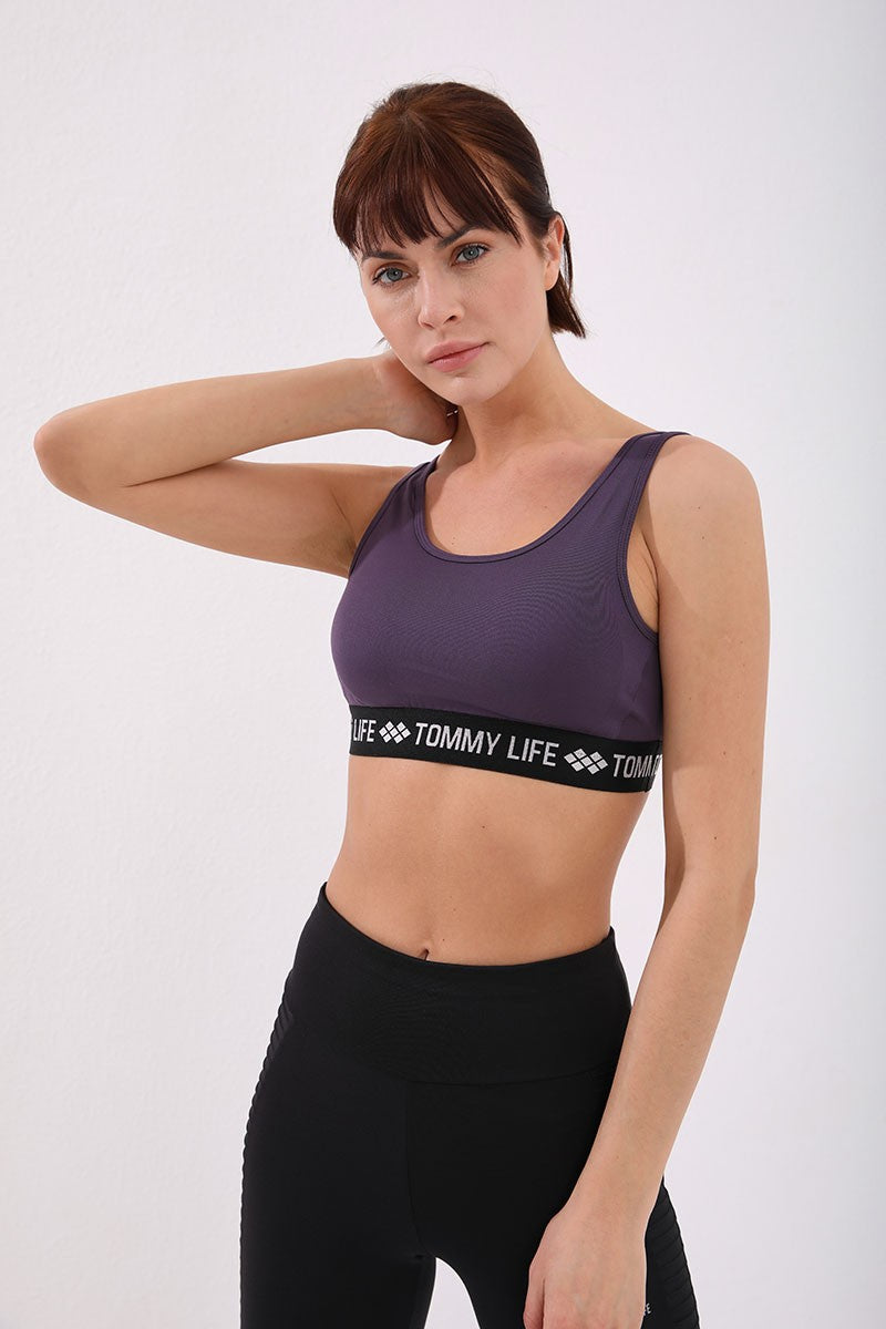 Standard Mold U Collar Women's Sports Bustier with Purple Writing Stripes - 97113