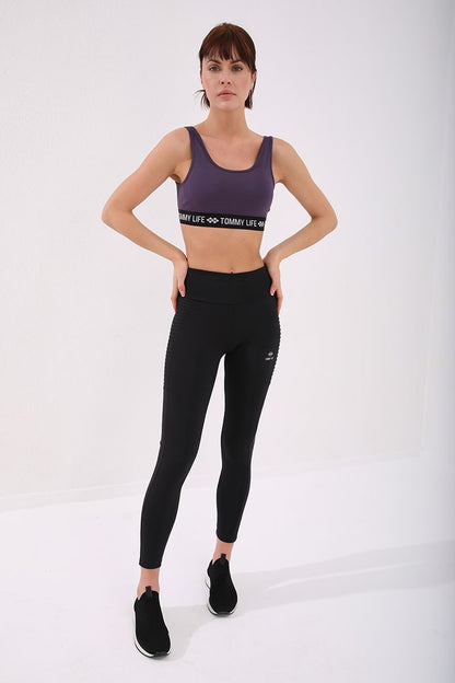 Standard Mold U Collar Women's Sports Bustier with Purple Writing Stripes - 97113