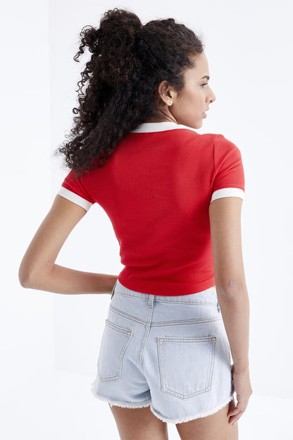 Pomegranate Flower Basic Neck Detailed O Collar Women's Crop Top T-Shirt - 97200