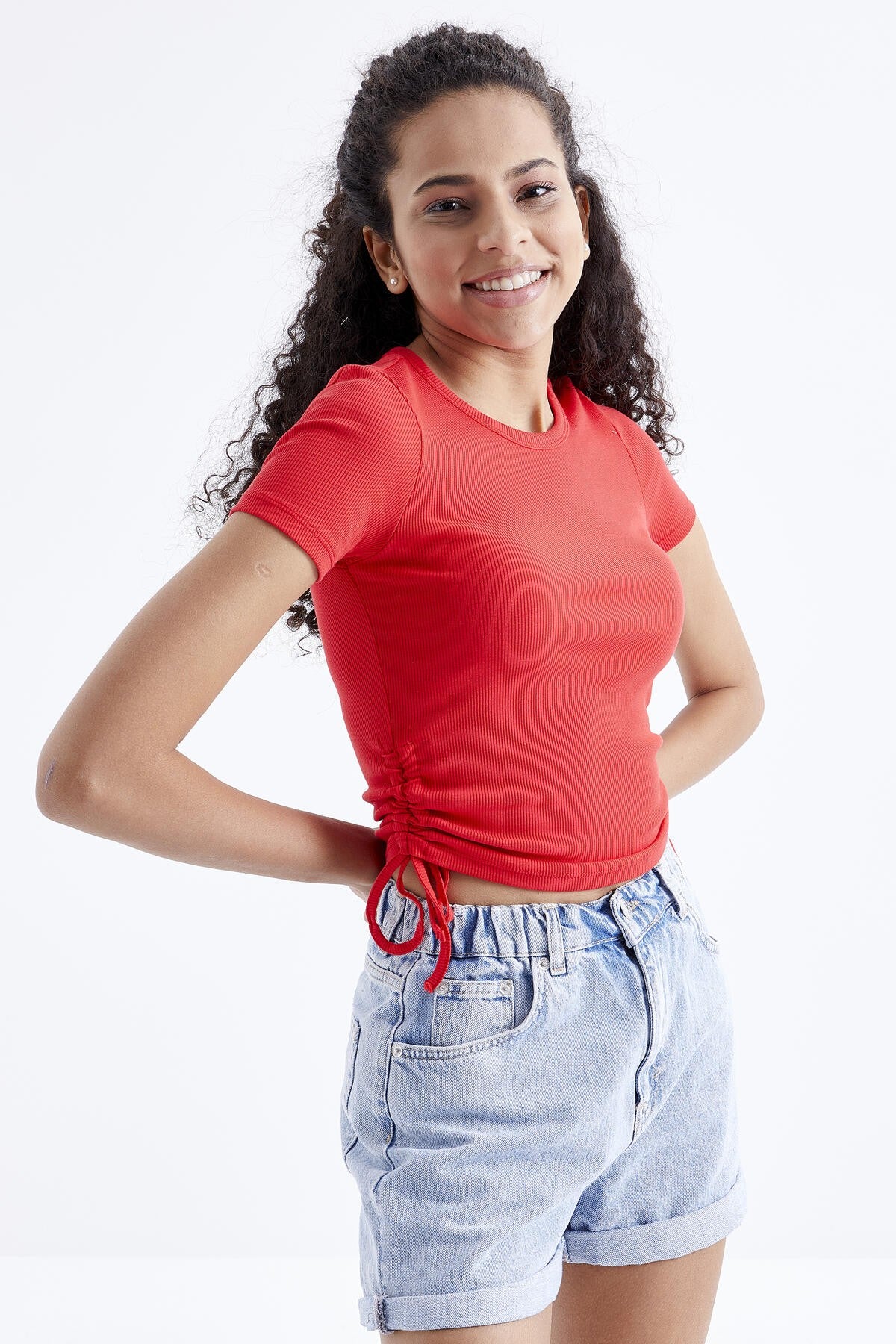 Pomegranate Flower Basic Side Gather O Collar Women's Crop Top T-Shirt - 97203
