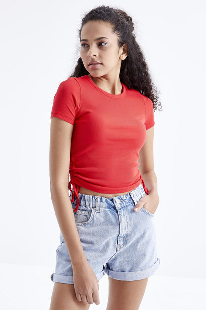 Pomegranate Flower Basic Side Gather O Collar Women's Crop Top T-Shirt - 97203