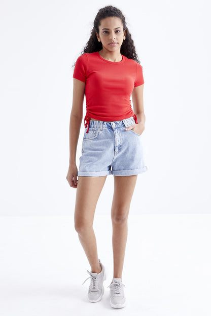 Pomegranate Flower Basic Side Gather O Collar Women's Crop Top T-Shirt - 97203