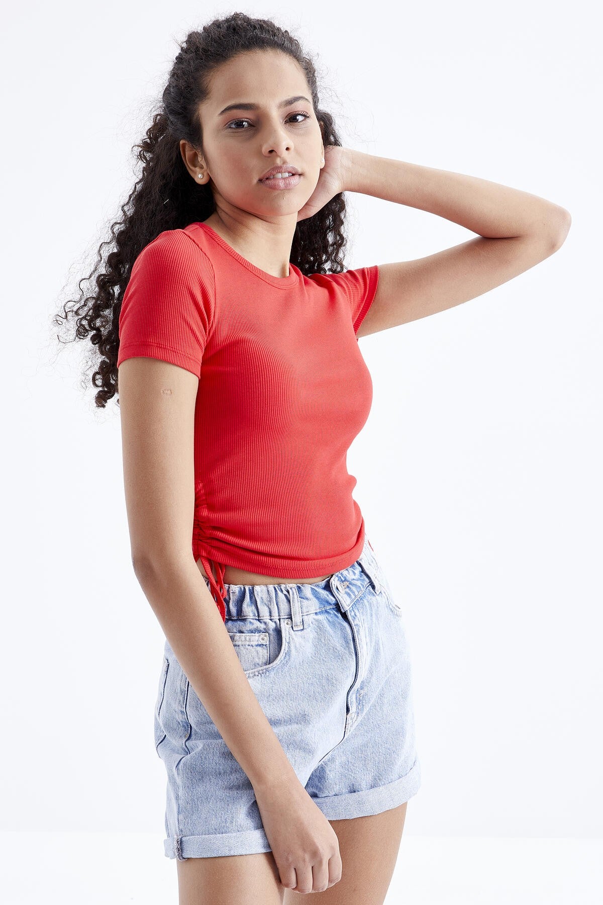 Pomegranate Flower Basic Side Gather O Collar Women's Crop Top T-Shirt - 97203