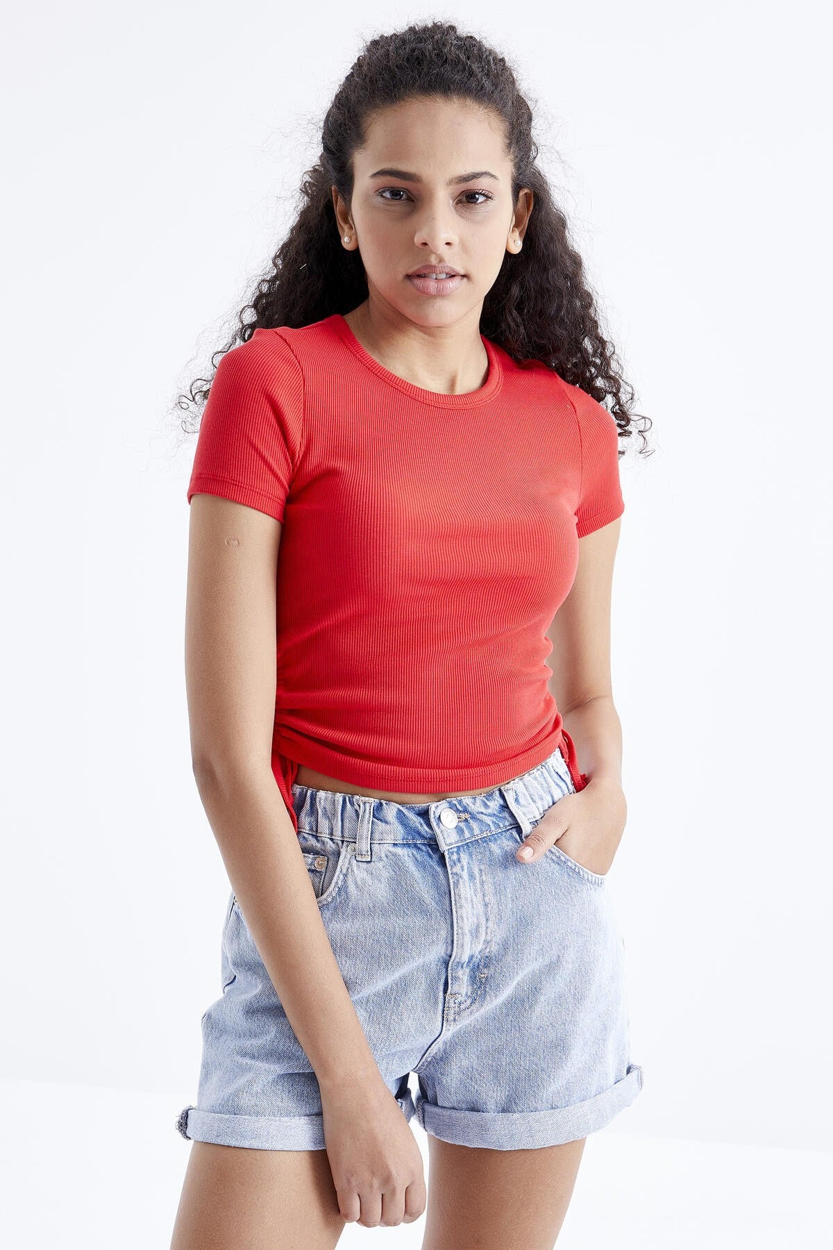Pomegranate Flower Basic Side Gather O Collar Women's Crop Top T-Shirt - 97203