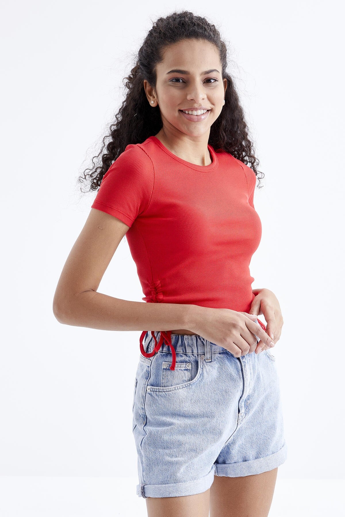 Pomegranate Flower Basic Side Gather O Collar Women's Crop Top T-Shirt - 97203