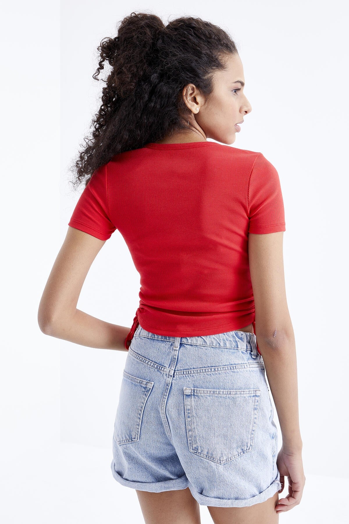 Pomegranate Flower Basic Side Gather O Collar Women's Crop Top T-Shirt - 97203