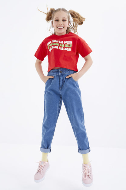 Oversize Pomegranate Flower Colorful Print Drop Shoulder O Collar Girls Crop T-Shirt - 75038