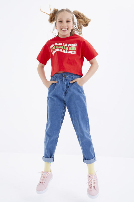 Oversize Pomegranate Flower Colorful Print Drop Shoulder O Collar Girls Crop T-Shirt - 75038