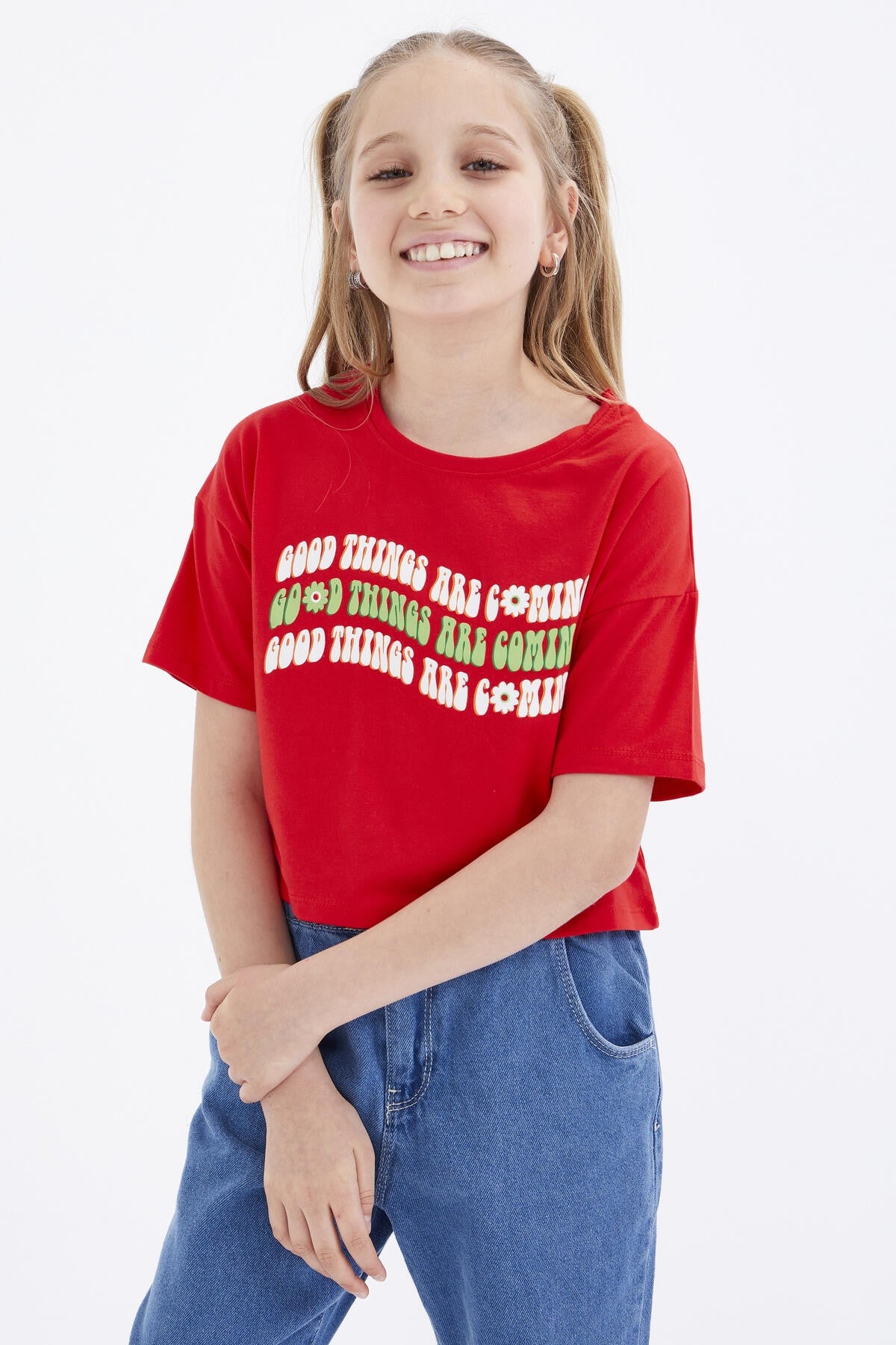 Oversize Pomegranate Flower Colorful Print Drop Shoulder O Collar Girls Crop T-Shirt - 75038