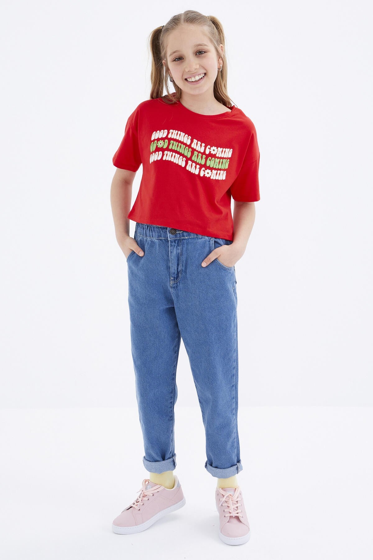 Oversize Pomegranate Flower Colorful Print Drop Shoulder O Collar Girls Crop T-Shirt - 75038