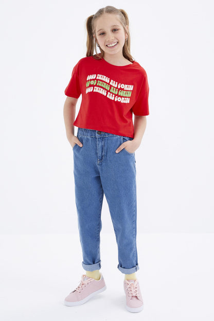 Oversize Pomegranate Flower Colorful Print Drop Shoulder O Collar Girls Crop T-Shirt - 75038