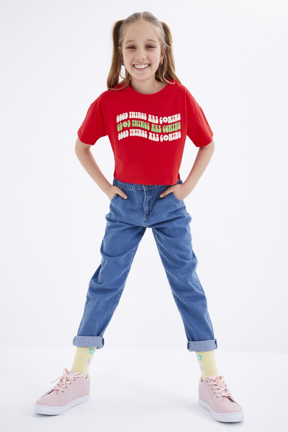 Oversize Pomegranate Flower Colorful Print Drop Shoulder O Collar Girls Crop T-Shirt - 75038