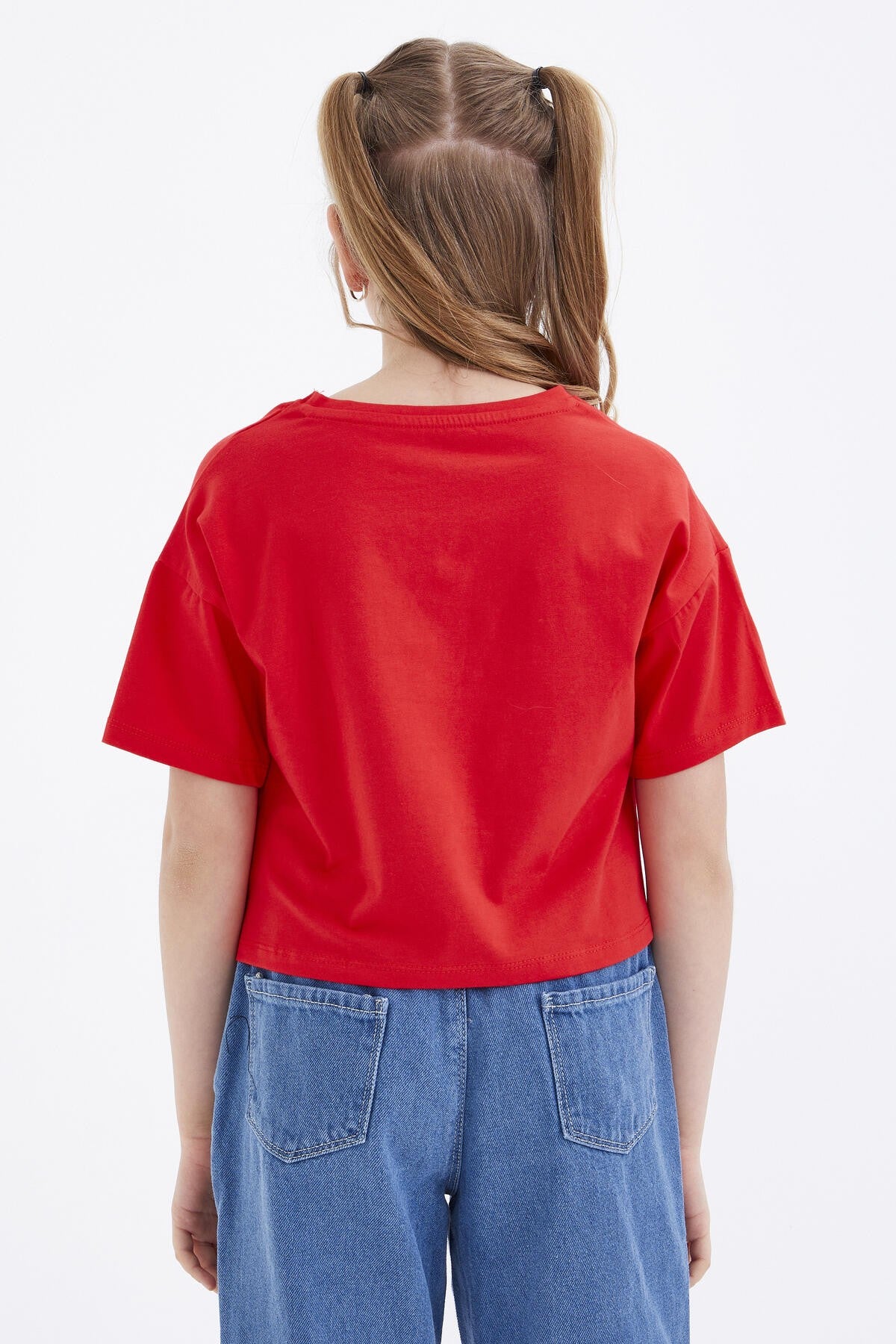 Oversize Pomegranate Flower Colorful Print Drop Shoulder O Collar Girls Crop T-Shirt - 75038