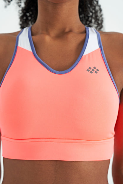 Neon Pink Color Block Back Print Detailed Slim Fit Women's Bustier - 97253