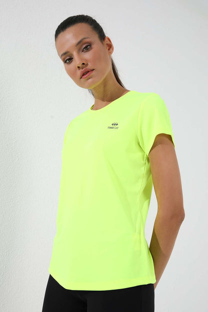 Neon Yellow Basic Short Sleeve Standard Fit O Neck Women's T-Shirt - 97144