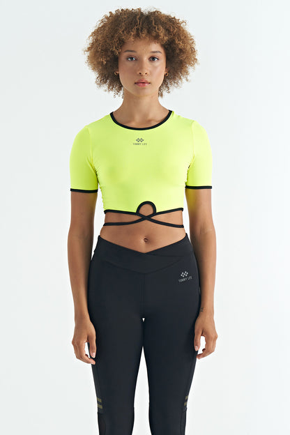 Neon Yellow Waist Tie Detailed O Collar Standard Cut Diver Fabric Women's Crop T-Shirt - 97266