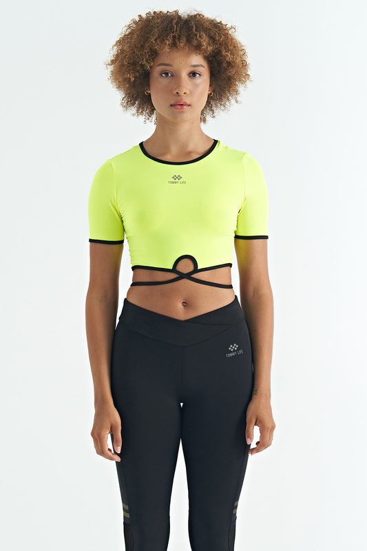 Neon Yellow Waist Tie Detailed O Collar Standard Cut Diver Fabric Women's Crop T-Shirt - 97266