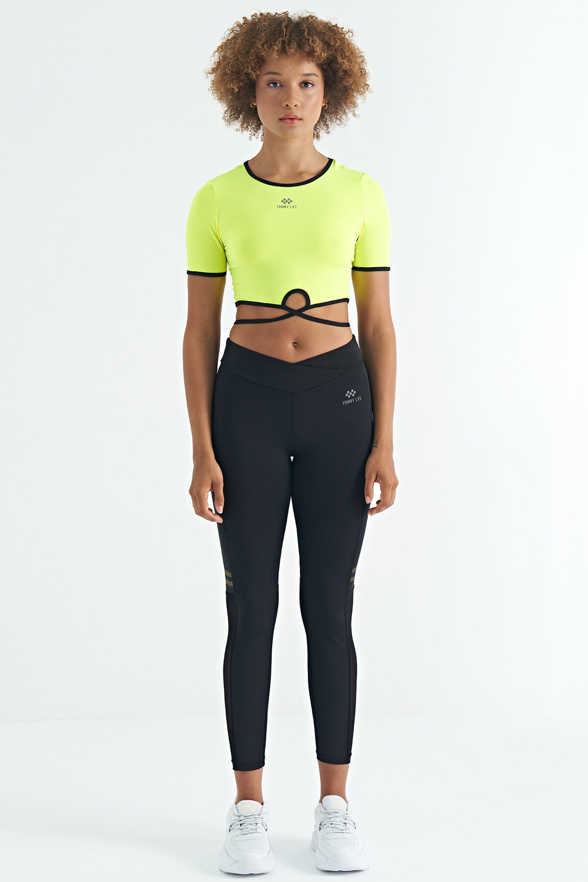 Neon Yellow Waist Tie Detailed O Collar Standard Cut Diver Fabric Women's Crop T-Shirt - 97266