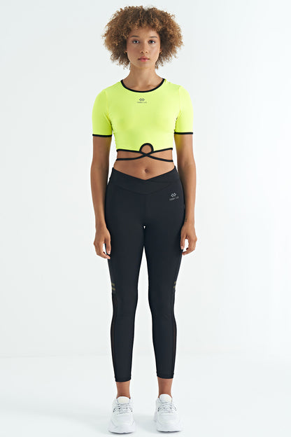 Neon Yellow Waist Tie Detailed O Collar Standard Cut Diver Fabric Women's Crop T-Shirt - 97266