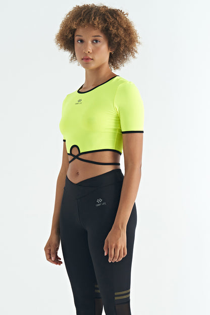 Neon Yellow Waist Tie Detailed O Collar Standard Cut Diver Fabric Women's Crop T-Shirt - 97266