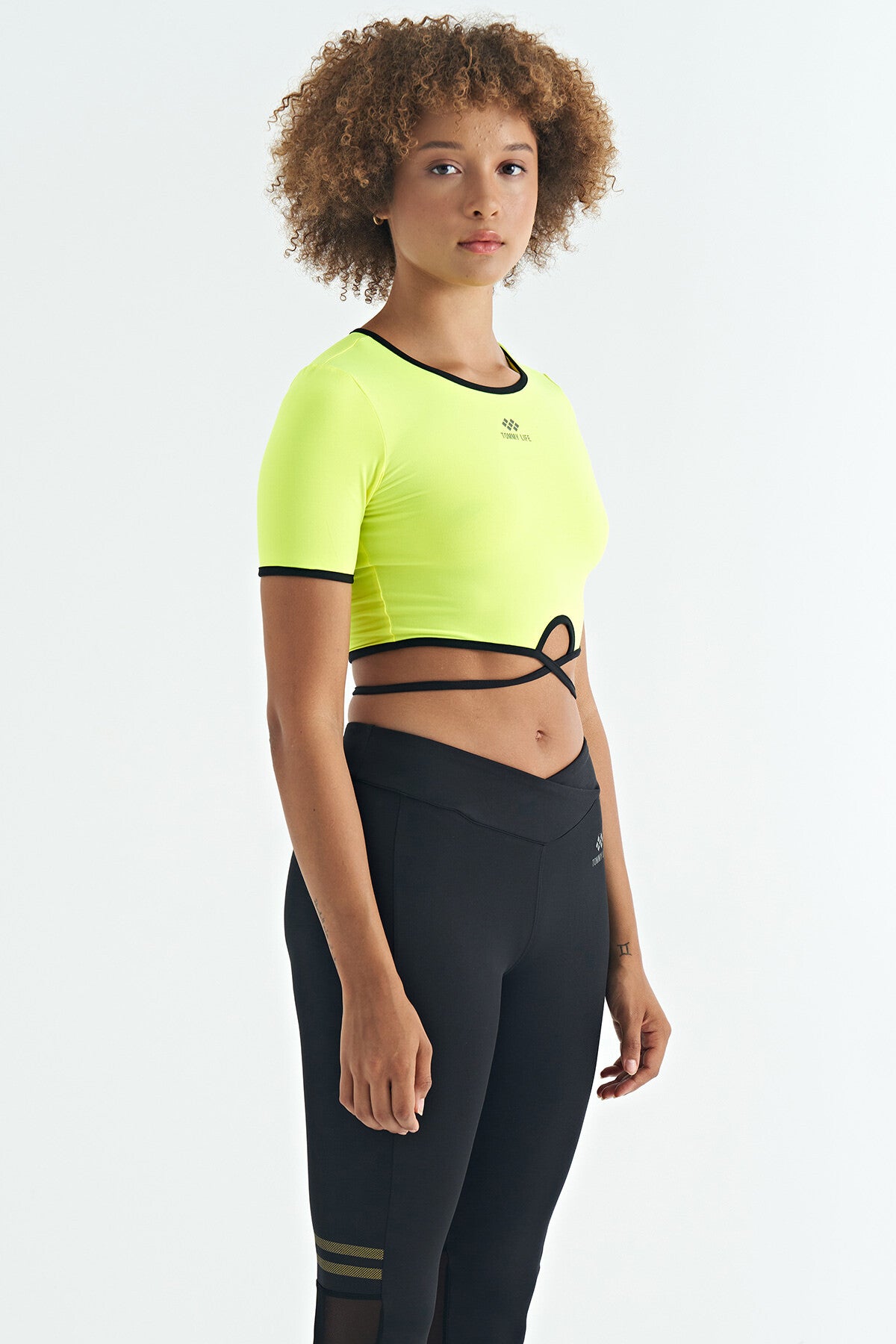 Neon Yellow Waist Tie Detailed O Collar Standard Cut Diver Fabric Women's Crop T-Shirt - 97266